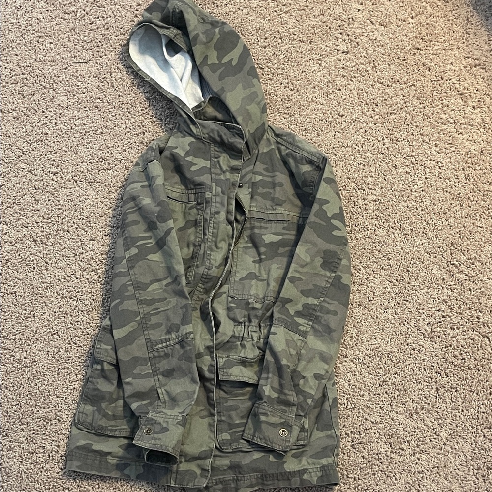 Camouflage Hooded Jacket, universal thread, zips and buttons